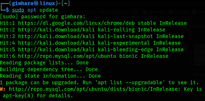 Terminal output from sudo apt update, ending in a warning that the MySQL repository key is stored in the legacy trusted.gpg keyring.